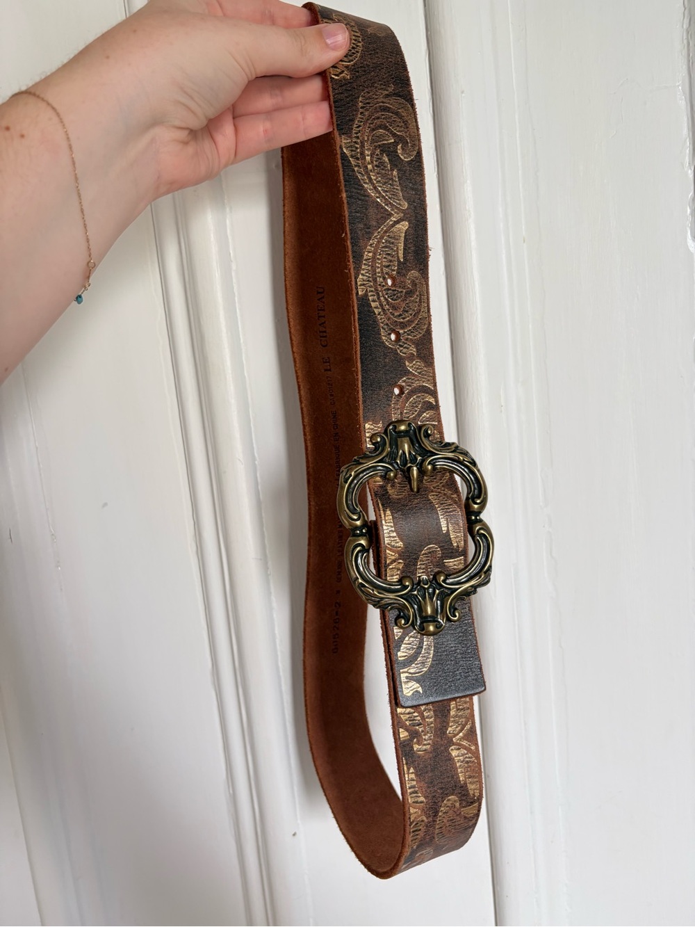 Vintage y2k Brown Leather Tooled Belt with Ornate Antique Brass Buckle